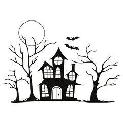 Spooky haunted house in a dark forest with a moonlit sky and a lone tree, a perfect Halloween night illustration