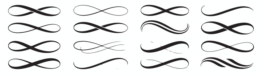 Infinity symbols collection, black infinity vector illustrations on white background. Perfect for logo design, branding, and mathematical representation. Various styles, from classic to artistic 