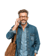 Man smiling on phone portrait casual happy communication isolated on transparent background