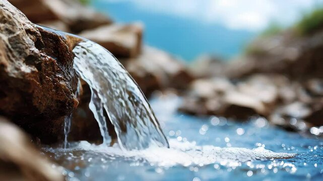 Clear water stream flowing over smooth rock nature landscape with mountain background, refreshing and tranquil outdoor scene featuring clear, flowing, and sparkling water, vibrant blue tones