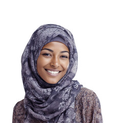 Joyful woman smiling in a hijab portrait happiness isolated on transparent background