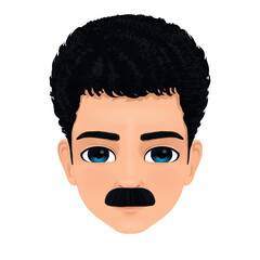 Man face with curly hair and moustache