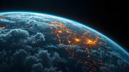 Obraz premium High-resolution image of a futuristic satellite with blue solar panels orbiting Earth in outer space. The scene features a glowing sunrise over the Earth’s atmosphere, scattered clouds