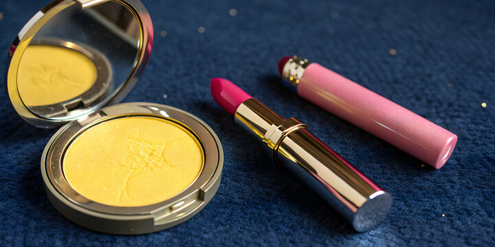 Hot pink lip gloss and bright yellow face powder on midnight blue background