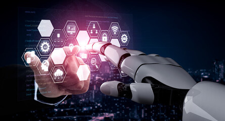 AI managing integrated business system, analyzing data, securing digital infrastructure, connecting...