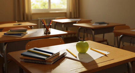 School classroom with green apple, notebooks and colored pencils on wooden desk. Educational supplies arranged on table with warm golden sunlight through windows. Learning environment concept