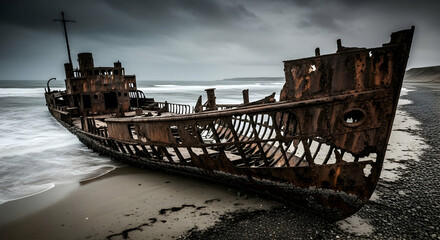 Rusty shipwreck on beach