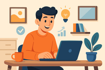 Man working on laptop at home office desk. Remote work, freelance, e-learning concept. Happy student or productive employee has a creative idea. Business growth graph. Vector cartoon.