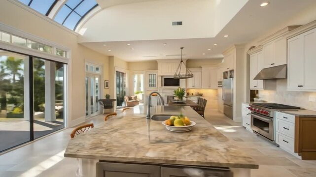 Luxury kitchen design ideas with island and ocean view, modern home interior design inspiration