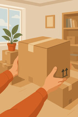 Hands holding cardboard box moving relocation. Home moving day concept. Packing, unpacking boxes in new apartment. Modern flat vector illustration. Delivery, shipping, transportation, moving service