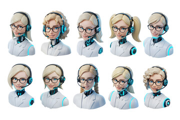 AI Chatbot Blonde Hair, Blue Eyes, White Female Robot with Human Face Characters Set Wearing Glasses and Headset for Customer Support Isolated in White Background