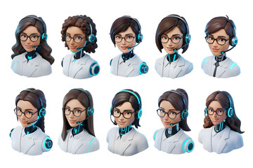 AI Chatbot Tanned Skin, Brown Hair, Brown Eyes, Latin Female Robot with Human Face Characters Set Wearing Glasses and Headset for Customer Support Isolated in White Background