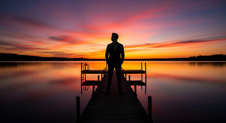 Fototapeta premium Silhouette person sunset lake pier
