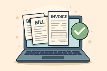 Digital invoice and bill payment confirmation on laptop. Online billing, electronic invoicing, paperless finance management, secure transaction, e-payment approval, accounting concept illustration