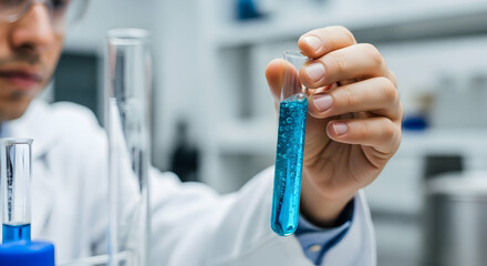 Scientist holding test tube with blue liquid