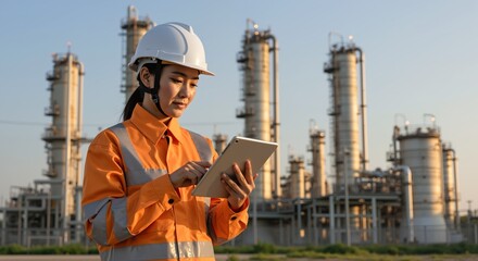 Asian female engineer with tablet at oil refinery during sunset. Woman in orange safety uniform and white hardhat monitoring industrial facility. Digital technology in petroleum industry.
