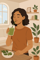 Healthy lifestyle woman drinking green detox smoothie at home, modern flat vector illustration, leafy greens, wellness, nutrition, cozy interior, self care, morning routine, plant decor