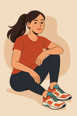 Modern flat vector illustration of sporty woman sitting in casual athletic outfit, wearing colorful sneakers, active lifestyle, fitness, healthy living, leisure activity, outdoor exercise concept