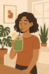 Young woman enjoying healthy green smoothie detox drink at home, modern flat vector illustration, cozy indoor scene with houseplants, wellness lifestyle, nutrition, self care, morning routine