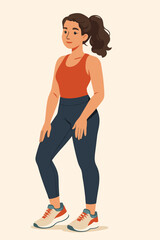 Athletic woman in modern sportswear and sneakers standing, fitness lifestyle, active female character, workout leggings, stylish gym outfit, healthy exercise concept, flat vector illustration
