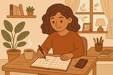 Woman planning daily schedule in cozy home office with planner, coffee, smartphone, indoor plants, books, and warm decor. Productivity, organization, remote work, self-care, vector illustration