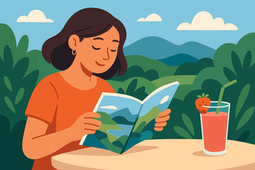 Woman relaxing outdoors reading travel magazine at table with strawberry smoothie, summer nature landscape, leisure activity, modern flat vector illustration, vacation lifestyle concept