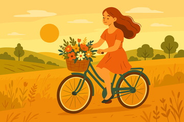 Woman Riding Vintage Bicycle with Flower Basket on Summer Sunset Countryside Road, Blooming Wildflowers, Flowing Dress, Rural Landscape, Outdoor Leisure Activity, Modern Flat Vector Illustration