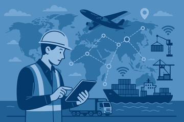 Logistics manager using tablet for smart supply chain management, global import export, cargo ship, container transport, air freight, network distribution, intelligent transportation system