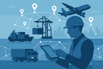 Smart Logistics Network Management Concept with Worker Using Tablet, Global Supply Chain Distribution, Container Ship, Cargo Truck, Airplane, Import Export, Intelligent Transportation System