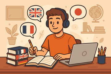 Young man learning multiple languages at desk with books, laptop, headphones, speech bubbles with flags, international education, language study, online course, multicultural classroom vector