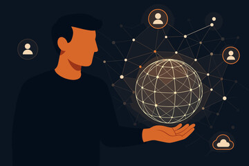 Businessman holding a glowing global network. Concept of digital marketing, data exchange, cloud computing, and customer connection. Worldwide business communication and technology.
