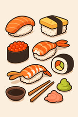 Cartoon sushi set vector illustration. Collection of cute Japanese food icons. Nigiri, maki, salmon, shrimp, tamago, ikura, wasabi, ginger, and soy sauce for an Asian menu.