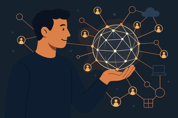 Man holding a glowing global network structure. Concept for digital marketing, customer connection, data exchange, cloud computing, and business technology. Abstract futuristic interface.