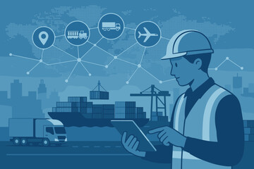 Logistics manager using tablet for smart supply chain management, global distribution network, cargo ship, freight transport, import export, container shipping, intelligent logistics technology