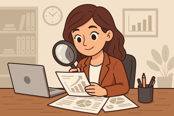 Businesswoman analyzing financial documents with magnifying glass at office desk, cartoon vector illustration. Audit, research, data analysis, report review, professional workplace concept