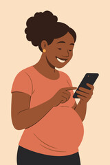 Smiling pregnant Black woman using a mobile phone. Happy expectant mother concept vector illustration. Future mom browsing a pregnancy app, social media, or texting online. Maternity joy.