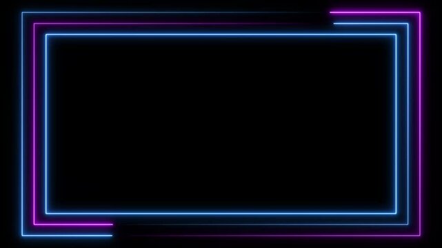 Abstract glowing neon frame rectangle animation background , Neon three line box animation, Square rectangle picture frame glowing neon animation on black background.