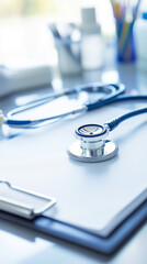 Stethoscope on a medical clipboard with blurred background. Healthcare concept capturing doctor's office essentials.