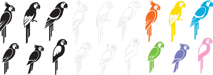 Vibrant and diverse collection of parrot and macaw bird icons in solid, outline, and colorful variations, perfect for tropical, nature, pet, and exotic animal-themed designs.