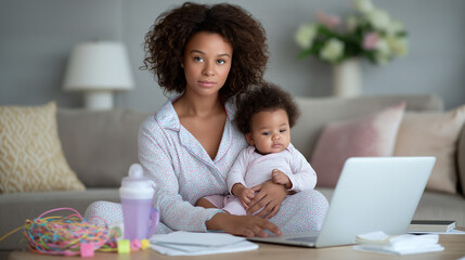 Stressed parent multitasking at home with baby and laptop