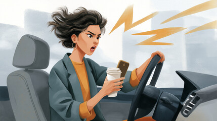 Driver in Traffic Jam with GPS Delay and Coffee Cup
