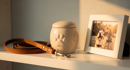 Pet cremation urn with paw print, leash, and dog photo frame on shelf. Symbol of pet loss support and memorial tribute for beloved animal.