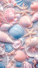 Seashells, starfish, and pearls on the beach, wallpaper 