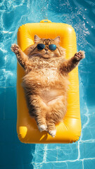 A photo of an obese Persian cat lounging on top of a yellow inflatable raft emitting water, floating in the air above a swimming pool