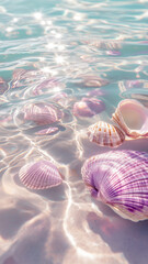 Seashells, starfish, and pearls on the beach, wallpaper 
