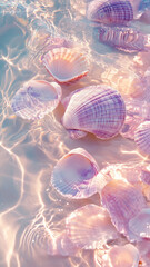 Seashells, starfish, and pearls on the beach, wallpaper 