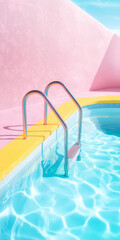 A serene swimming pool, with a ladder leading into the inviting waters. The pool is surrounded by pastel colors, with hues of pink and blue, as well as a touch of yellow, creating a summer vibe