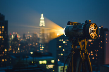 Nighttime rooftop cinema featuring a vintage film projector casting light onto a large screen city skyline in the background