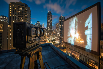 Nighttime rooftop cinema featuring a vintage film projector casting light onto a large screen city skyline in the background