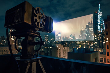 Nighttime rooftop cinema featuring a vintage film projector casting light onto a large screen city skyline in the background